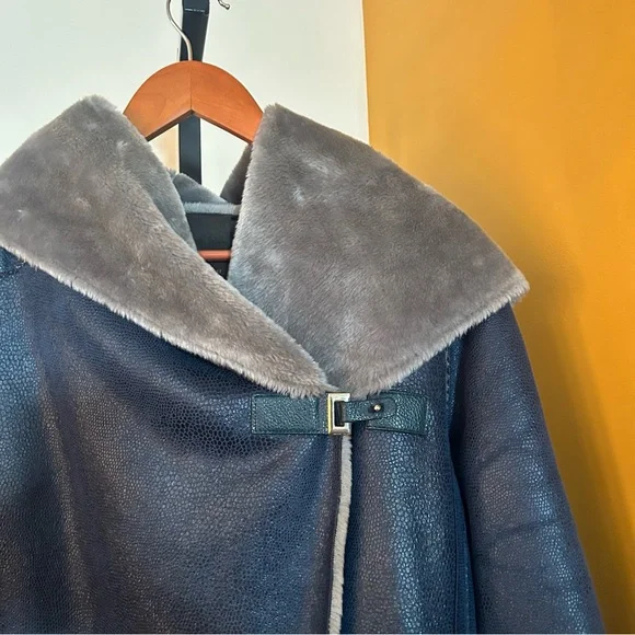 Adolfo Dominguez Faux Suede Fur Coat Off Center Fastening Buckle Hood 36 Size S - Picture 2 of 9